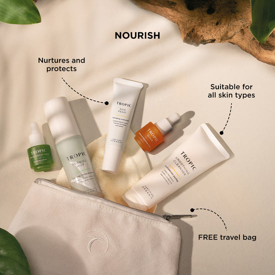 Skincare Discovery Kit in Balance.
Features a Bamboo Cloth, Smoothing Cleanser, Juicy Greens, Skin Fresh Waves, Clarifying Cleanser, Pure Lagoon. All in trial size perfect for travel.